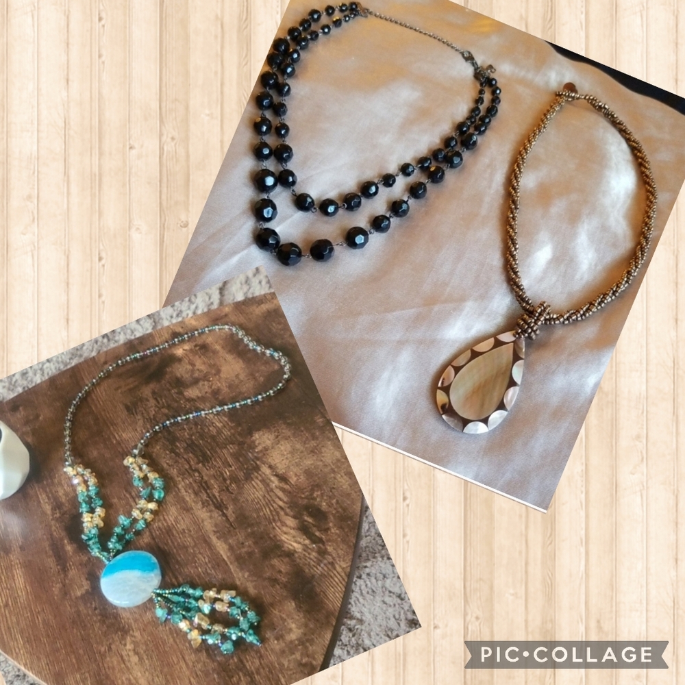 🔴 2/$10 3 Beaded Necklace Bundle -  Brown Black Blue Glass Stones Beads